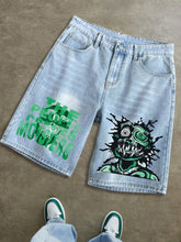 Light Blue Men's Loose Letter & Cartoon Print Washed Denim Shorts, Casual & Fashionable Streetwear Style Bermuda Shorts