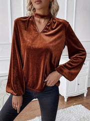 TECCULI Clasi Choker Neck Lantern Sleeve Velvet Blouse