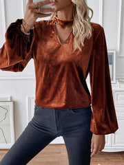 TECCULI Clasi Choker Neck Lantern Sleeve Velvet Blouse
