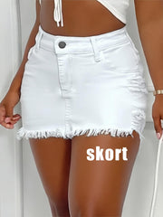 TECCULI ICON Women's Casual Denim Skort With Distressed Pockets And Raw Hem