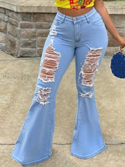 TECCULI Women's Solid Color Distressed Pocket Sexy Skinny Flared Leg Jeans