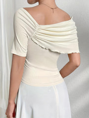 TECCULI Modelyn Women's Summer Solid Color Slim Fit Elegant Short Sleeve T-Shirt With 3D Flower Embellishments