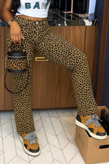 TECCULI New American Hot Girl Leopard Print Wide Leg Overalls Women's New Multi-Pocket Design Straight Drape Straight Jeans