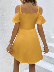 Vestido corto informal de punto amarillo TECCULI EZwear para mujer, con cuello cuadrado y manga corta