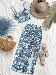 TECCULI PETITE 2pcs/Set Women Floral Print Camisole Top And Drawstring Waist Midi Skirt,Summer Sets