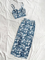 TECCULI PETITE 2pcs/Set Women Floral Print Camisole Top And Drawstring Waist Midi Skirt,Summer Sets