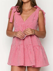 TECCULI Vestido mini Y2K con lazo en los hombros, estilo babydoll fluido con volantes y lazo, vestido floral bohemio para salir de verano.