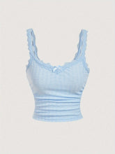 TECCULI MOD Cute Light Blue Cami Top With Pleated Lace Patchwork Bow, Singlet, Light Blue Tank Top, Fall, Bow Top, Cute School Top, Back To School Top