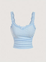 TECCULI MOD Cute Light Blue Cami Top With Pleated Lace Patchwork Bow, Singlet, Light Blue Tank Top, Fall, Bow Top, Cute School Top, Back To School Top