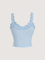 TECCULI MOD Cute Light Blue Cami Top With Pleated Lace Patchwork Bow, Singlet, Light Blue Tank Top, Fall, Bow Top, Cute School Top, Back To School Top