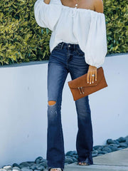 TECCULI Women's Straight-Leg Distressed Jeans With Pockets For Sports And Casual Wear