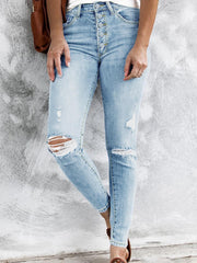 TECCULI Women's Solid Color Minimalist Distressed Skinny Jeans, Daily Wear