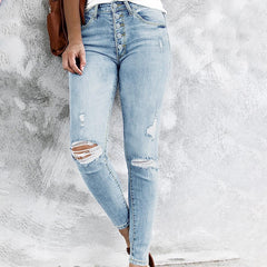 TECCULI Women's Solid Color Minimalist Distressed Skinny Jeans, Daily Wear