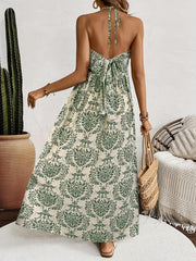 TECCULI Maternity Casual Full Print Backless Halter Dress For Vacation