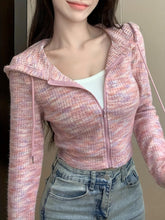 TECCULI DAZY Space Dye Zip Through Drawstring Hooded Crop Sweatshirt,Fall Clothes