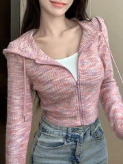 TECCULI DAZY Space Dye Zip Through Drawstring Hooded Crop Sweatshirt,Fall Clothes