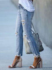 TECCULI Women's Tapered Mom Jeans | 4-Way Stretch Distressed Denim, Slimming High Waist Daily Long Pants