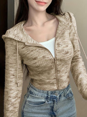 TECCULI DAZY Space Dye Zip Through Drawstring Hooded Crop Sweatshirt,Fall Clothes