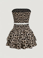 Conjunto de dos piezas de TECCULI Sweetra con top de tubo bordado y falda a capas, tejido Y2K