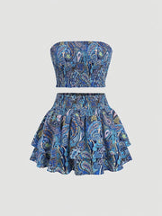 Conjunto de dos piezas de TECCULI Sweetra con top de tubo bordado y falda a capas, tejido Y2K