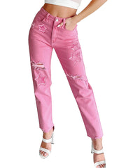 TECCULI Women'S Clothing European And American INS Fashion High Waisted Denim Straight Leg Denim Pants