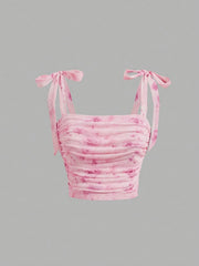 TECCULI MOD Summer Romantic Flower Printed Tie Shoulder Tank Top