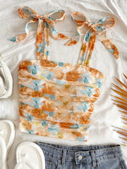 TECCULI MOD Summer Romantic Flower Printed Tie Shoulder Tank Top