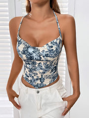TECCULI EZwear Floral Print Draped Front Halter Summer Outfits Top