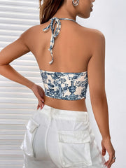 TECCULI EZwear Floral Print Draped Front Halter Summer Outfits Top