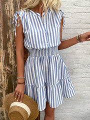 TECCULI Calvaya Summer Blue & White Striped Shoulder Ruffle Bow Tie Cinched Waist Cotton Dress