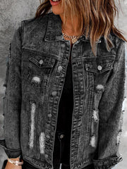 TECCULI Women Casual Distressed Button Up Denim Jacket, Autumn