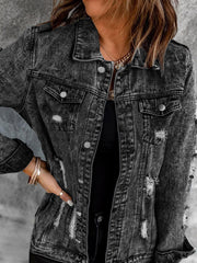TECCULI Women Casual Distressed Button Up Denim Jacket, Autumn