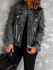 TECCULI Women Casual Distressed Button Up Denim Jacket, Autumn
