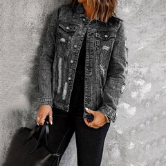 TECCULI Women Casual Distressed Button Up Denim Jacket, Autumn