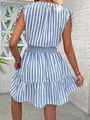 TECCULI Calvaya Summer Blue & White Striped Shoulder Ruffle Bow Tie Cinched Waist Cotton Dress