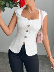 TECCULI Gloray Women Square Neck Embroidered Buttons Decorative Button-Up Sleeveless Blouse, High-End