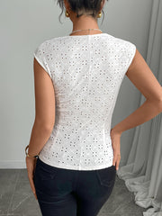 TECCULI Gloray Women Square Neck Embroidered Buttons Decorative Button-Up Sleeveless Blouse, High-End