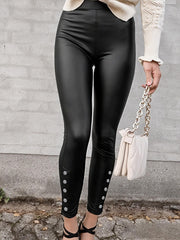 TECCULI PETITE Solid PU High Waist Black Leggings