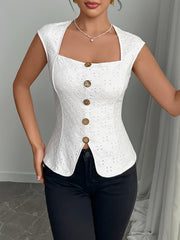 TECCULI Gloray Women Square Neck Embroidered Buttons Decorative Button-Up Sleeveless Blouse, High-End