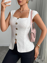 TECCULI Gloray Women Square Neck Embroidered Buttons Decorative Button-Up Sleeveless Blouse, High-End