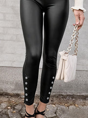 TECCULI PETITE Solid PU High Waist Black Leggings