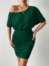 TECCULI Privé Solid Asymmetrical Neck Batwing Sleeve Ruched Bodycon Dress