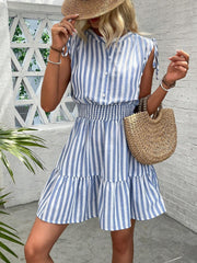 TECCULI Calvaya Summer Blue & White Striped Shoulder Ruffle Bow Tie Cinched Waist Cotton Dress