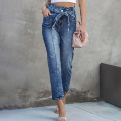 TECCULI Ladies' Bow-tie Tied Flared Long Trousers, High-elasticity Retro Belt Women's Jeans