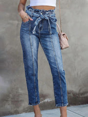 TECCULI Ladies' Bow-tie Tied Flared Long Trousers, High-elasticity Retro Belt Women's Jeans