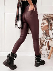 TECCULI Apperloth A Button Fly Thermal Lined PU Leather Skinny Cropped Pants