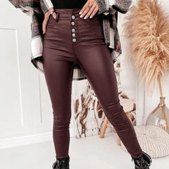 TECCULI Apperloth A Button Fly Thermal Lined PU Leather Skinny Cropped Pants