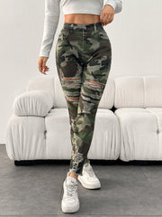 TECCULI Women's Fashion Outdoor Distressed Street Camouflage Skinny Pants