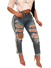 TECCULI Chicsale Women's Sexy Tight Jeans - Elastic Tear Denim Pants With Hip Lifting Design, Button Zipper And Small Foot Design | Casual Slim Fit Jeans, Suitable For Daily Street Wear