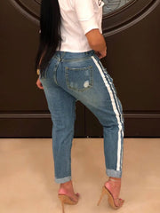 TECCULI Chicsale Women's Sexy Tight Jeans - Elastic Tear Denim Pants With Hip Lifting Design, Button Zipper And Small Foot Design | Casual Slim Fit Jeans, Suitable For Daily Street Wear